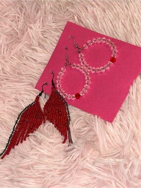 Crystal Hoop Earrings with Red Bead Accent set